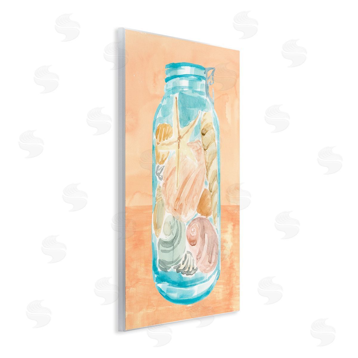 Beach Shells In Jar Blue Orange Wood Plaque Wall Art, Home Decor by Annie Warren