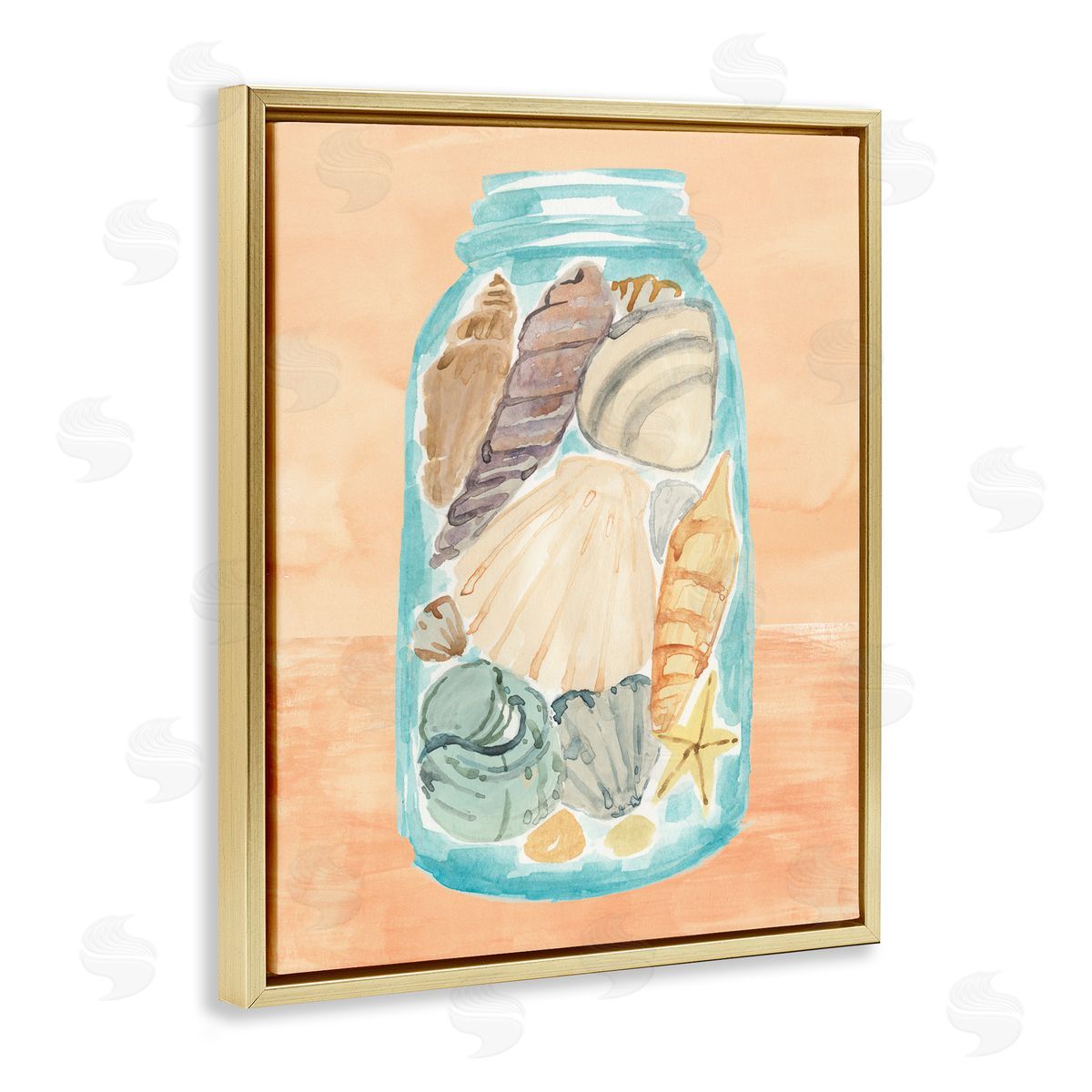Beach Shells In Jar Orange Blue Gold Floating Frame Canvas Wall Art, Home Decor by Annie Warren