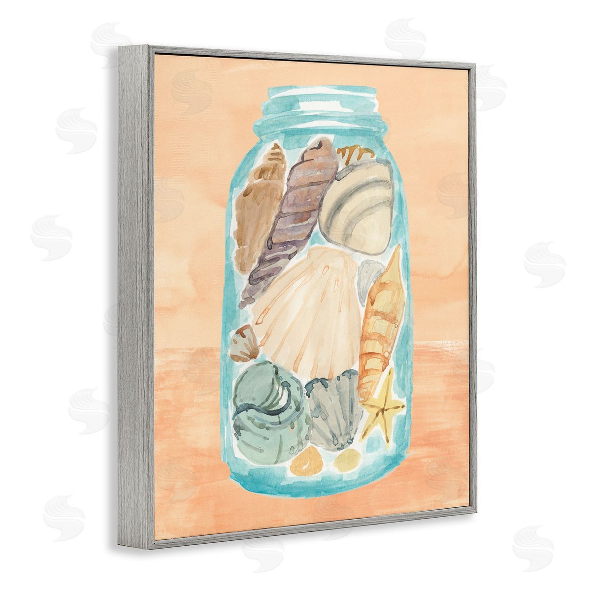 Beach Shells In Jar Orange Blue Grey Frame Print Wall Art, Home Decor by Annie Warren