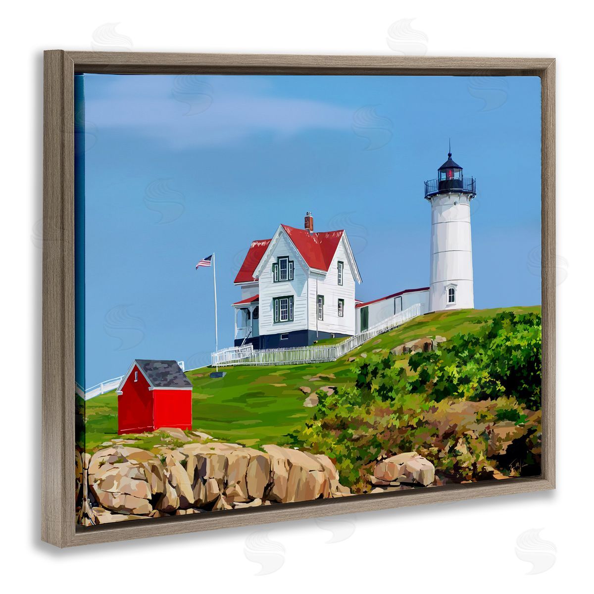 Lighthouse On Hill Green Blue Brown Floating Frame Canvas Wall Art, Home Decor by Emily Kalina