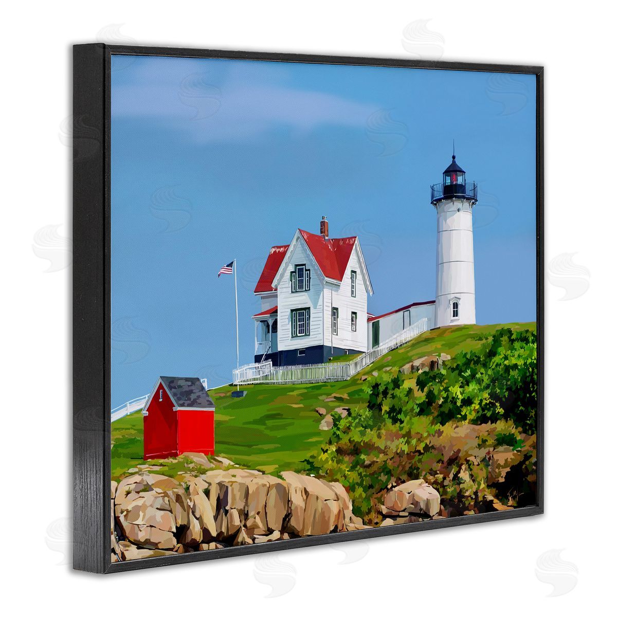 Lighthouse On Hill Green Blue Black Frame Print Wall Art, Home Decor by Emily Kalina