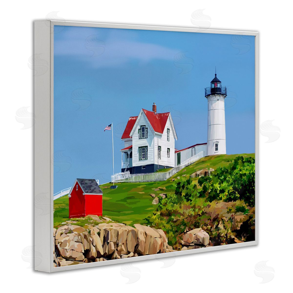 Lighthouse On Hill Green Blue White Frame Print Wall Art, Home Decor by Emily Kalina