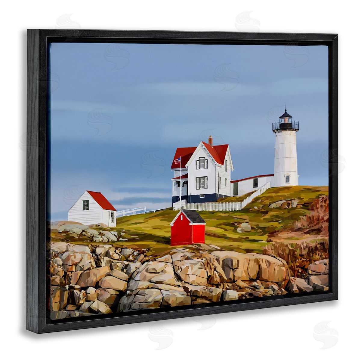 Lighthouse On Hill Green Red Black Floating Frame Canvas Wall Art, Home Decor by Emily Kalina