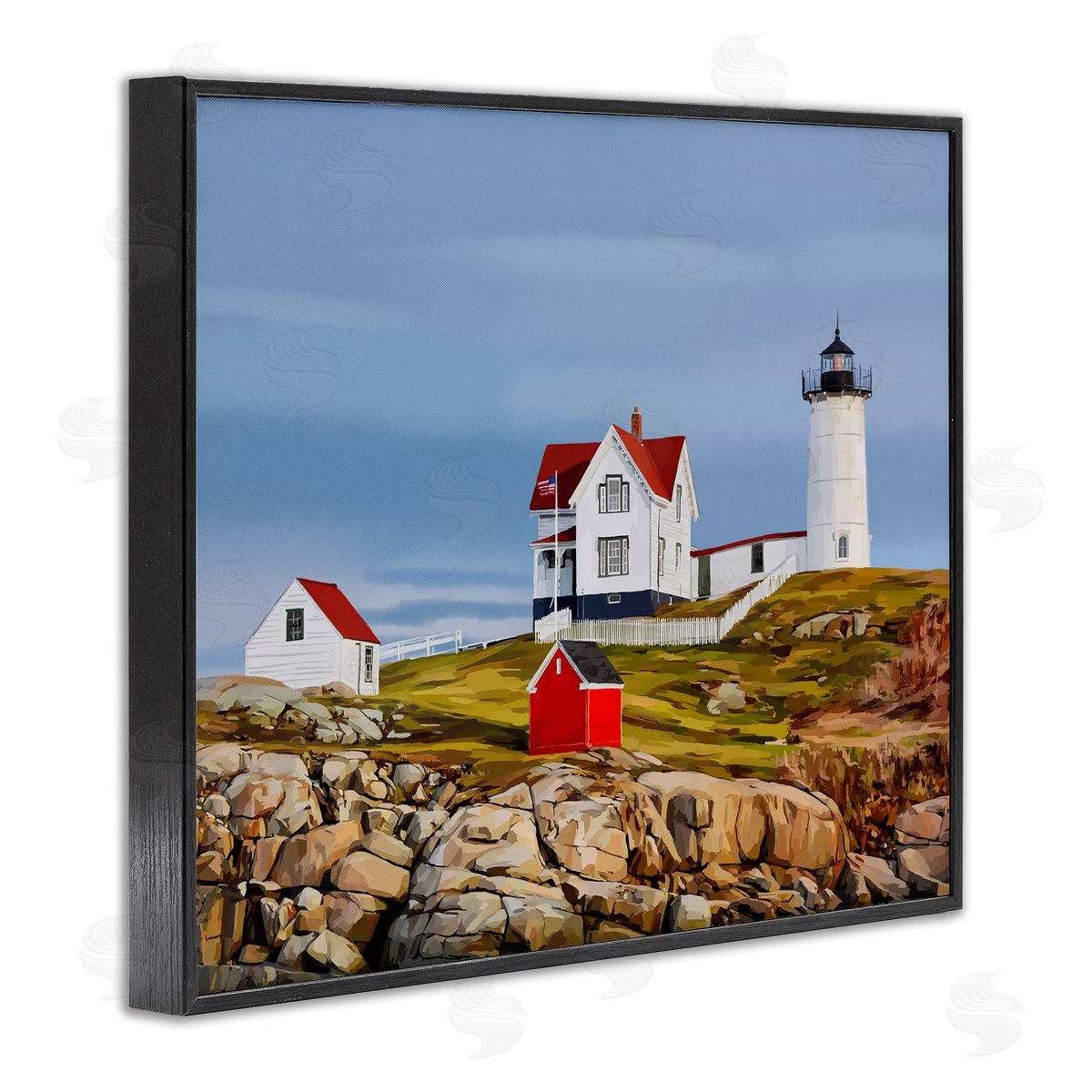 Lighthouse On Hill Green Red Black Frame Print Wall Art, Home Decor by Emily Kalina