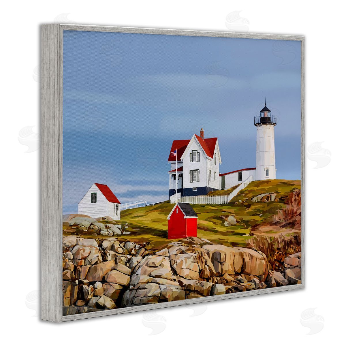 Lighthouse On Hill Green Red Grey Frame Print Wall Art, Home Decor by Emily Kalina
