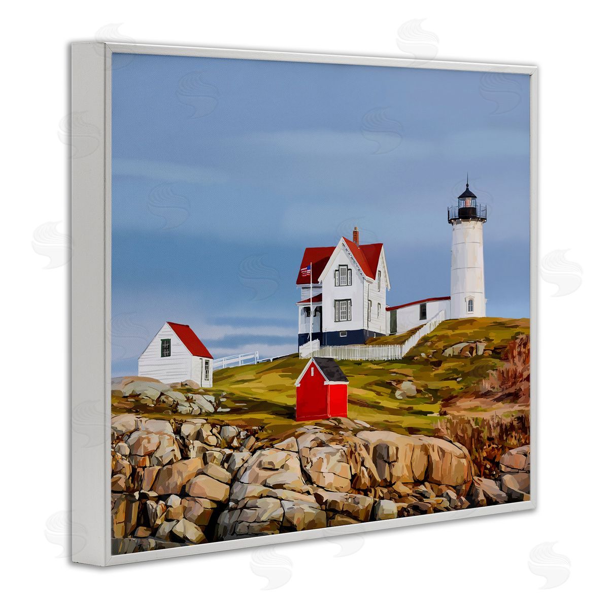 Lighthouse On Hill Green Red White Frame Print Wall Art, Home Decor by Emily Kalina