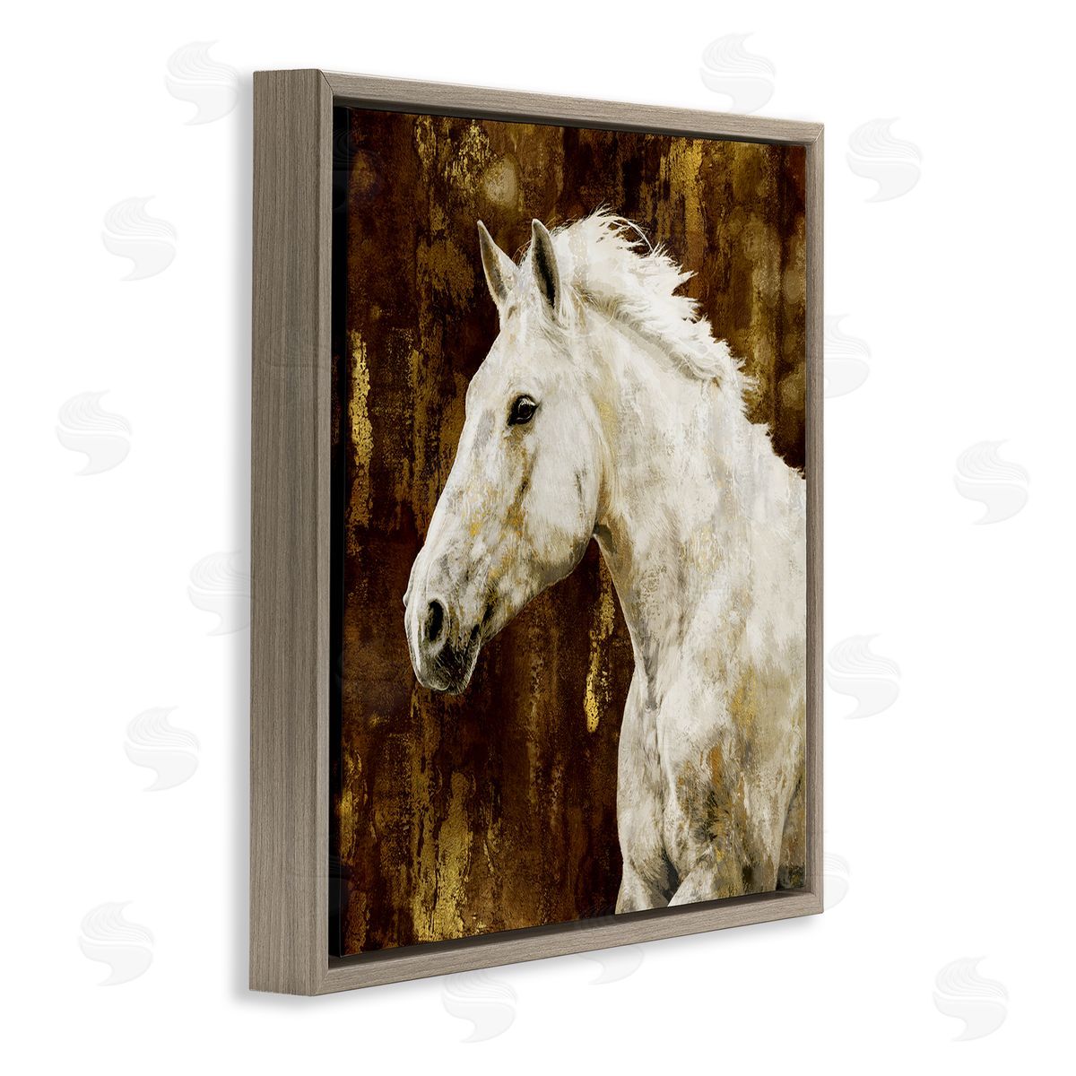 White Stallion Horse Portrait Brown Floating Frame Canvas Wall Art, Home Decor by Melonie Miller