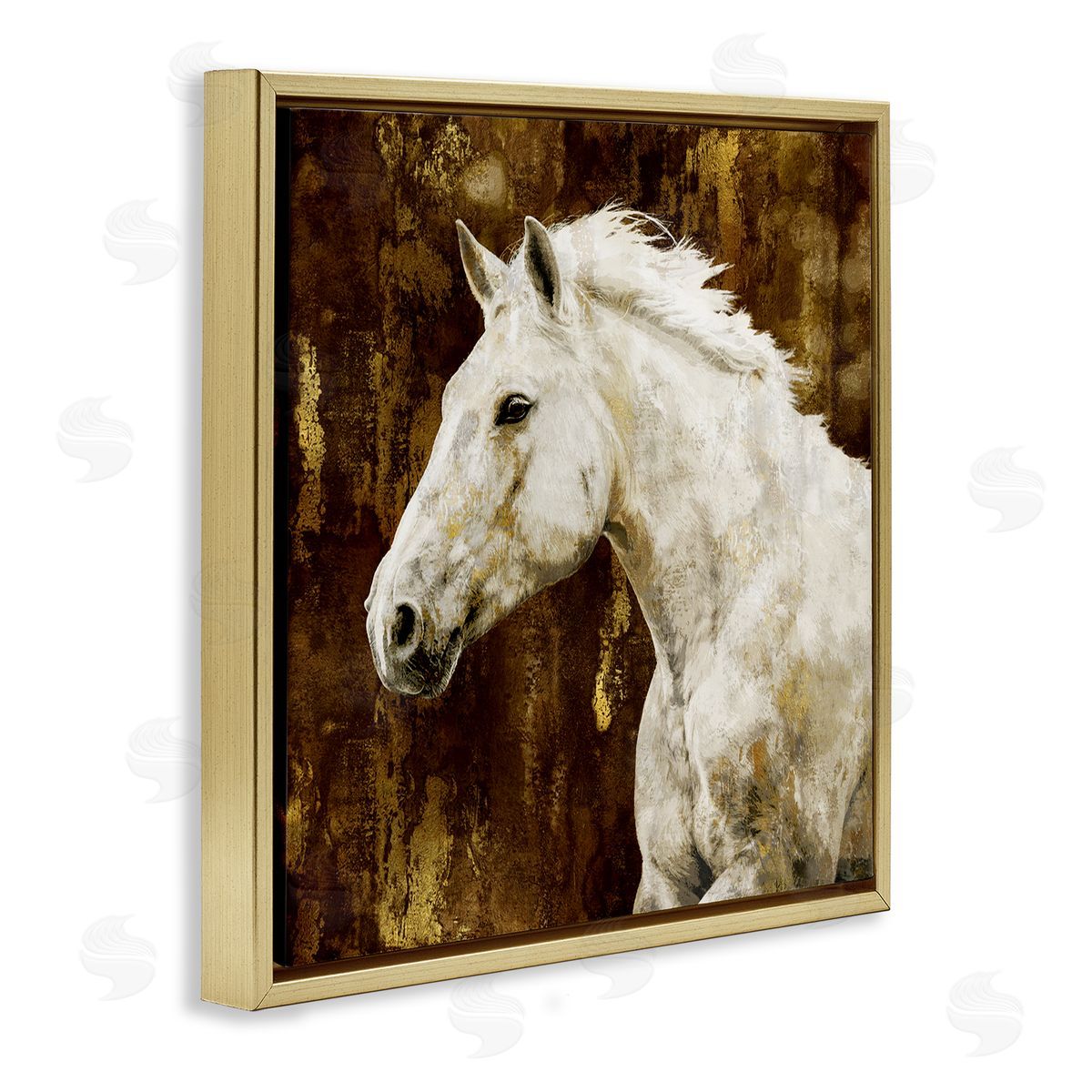 White Stallion Horse Portrait Gold Floating Frame Canvas Wall Art, Home Decor by Melonie Miller