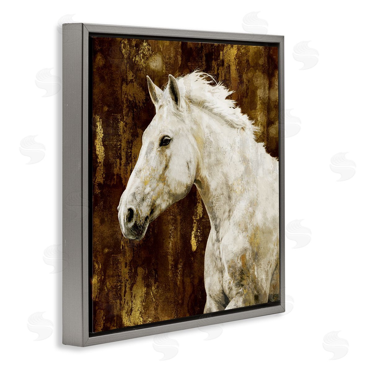 White Stallion Horse Portrait Grey Floating Frame Canvas Wall Art, Home Decor by Melonie Miller
