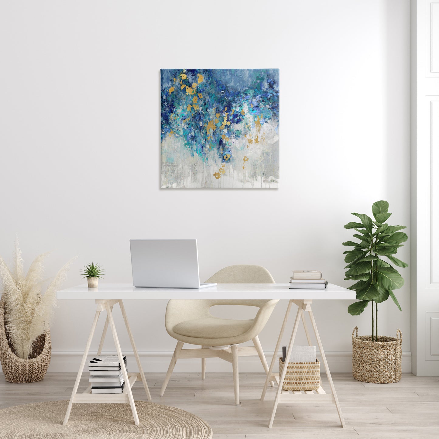 Abstract Blue Gold Paint Design Canvas Wall Art in Room, Home Decor by Nikki Robbins