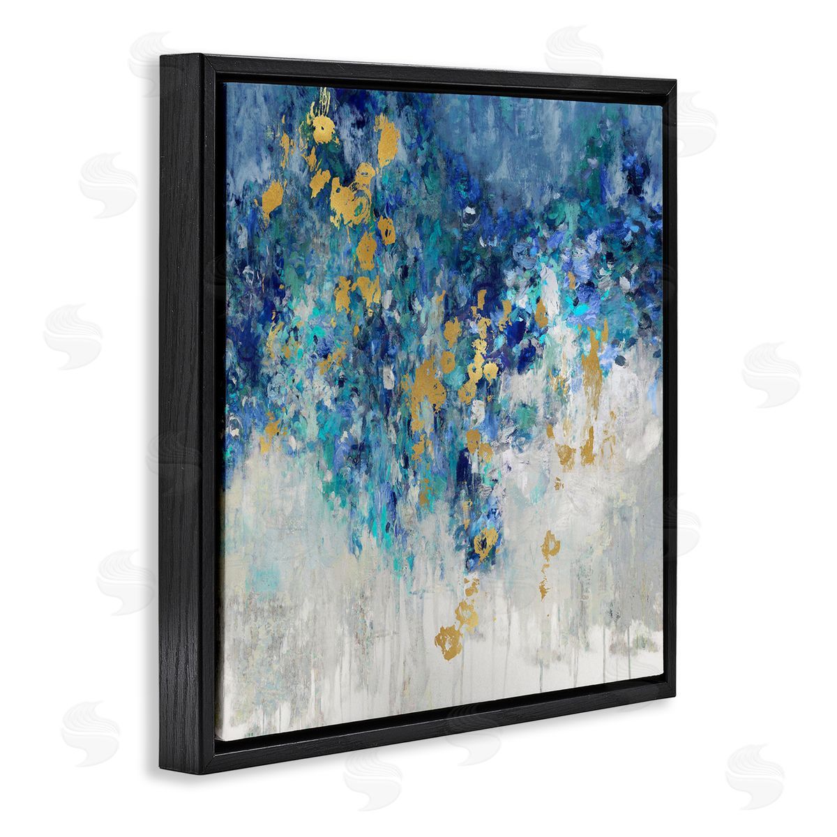 Abstract Blue Gold Paint Design Black Floating Frame Canvas Wall Art, Home Decor by Nikki Robbins