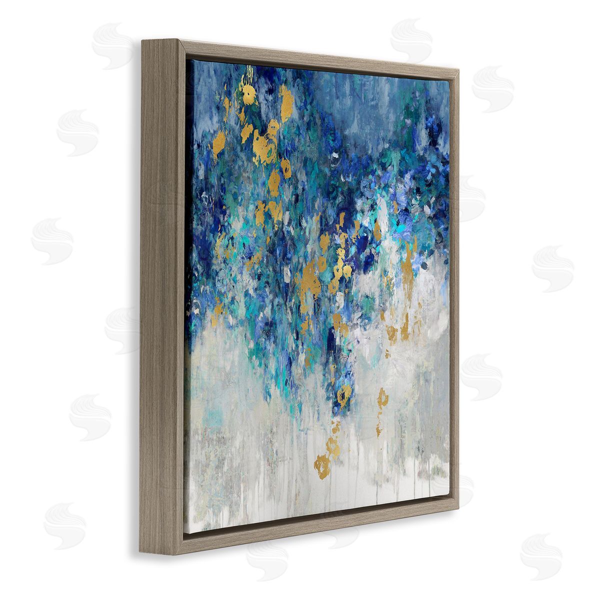Abstract Blue Gold Paint Design Brown Floating Frame Canvas Wall Art, Home Decor by Nikki Robbins