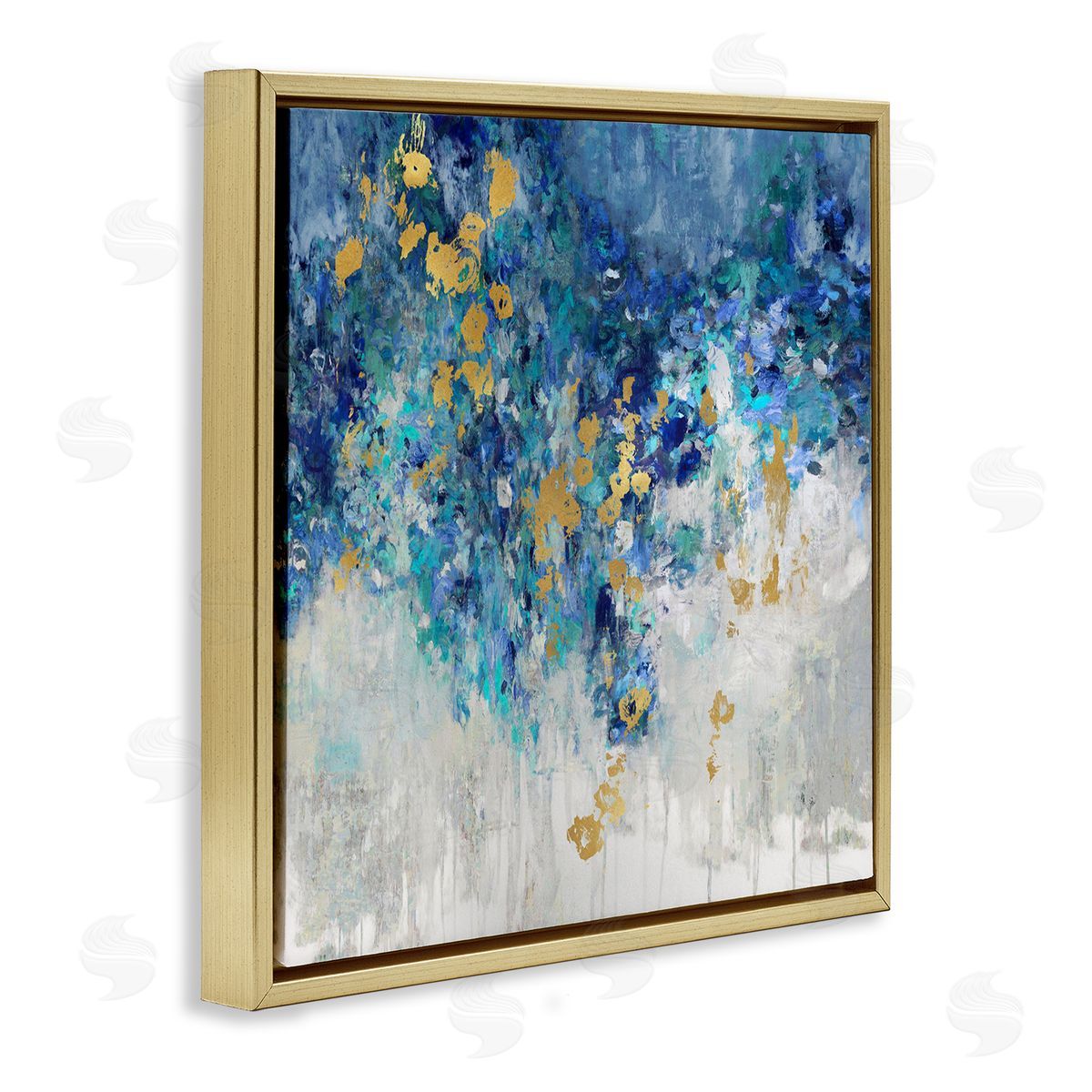 Abstract Blue Gold Paint Design Gold Floating Frame Canvas Wall Art, Home Decor by Nikki Robbins
