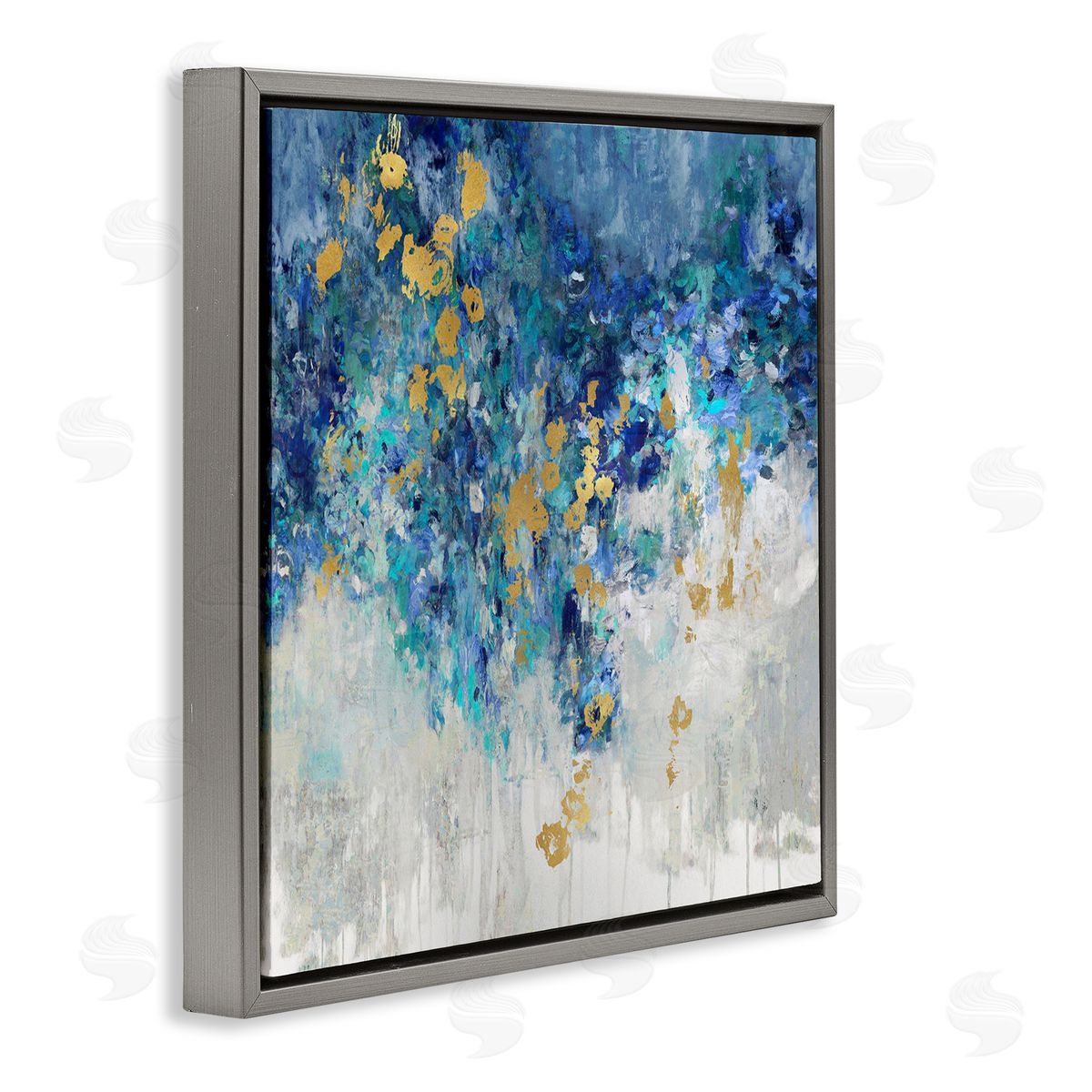 Abstract Blue Gold Paint Design Grey Floating Frame Canvas Wall Art, Home Decor by Nikki Robbins