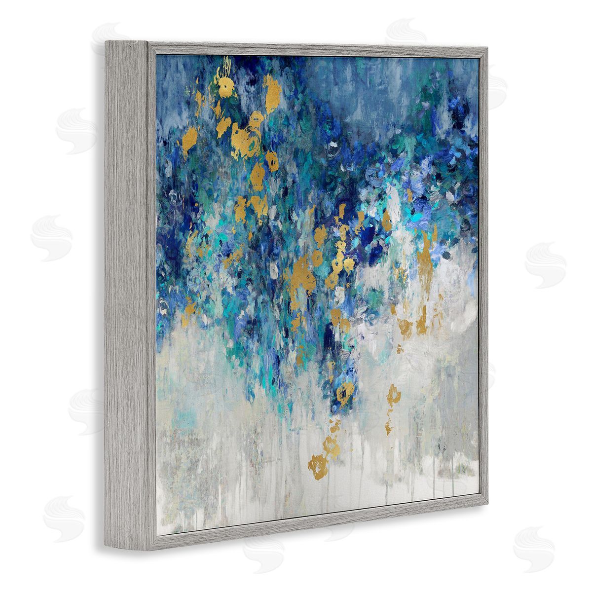Abstract Blue Gold Paint Design Grey Frame Print Wall Art, Home Decor by Nikki Robbins