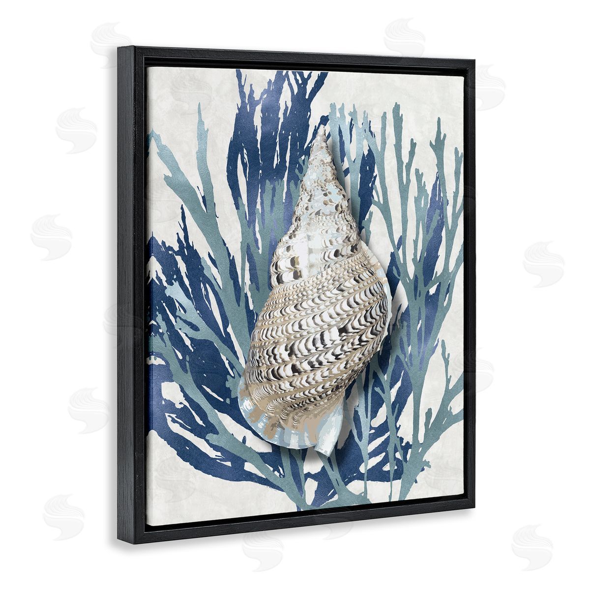 Shell Coral Blue Beach Design Black Floating Frame Canvas Wall Art, Home Decor by Caroline Kelly