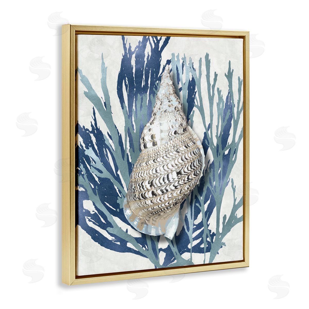 Shell Coral Blue Beach Design Gold Floating Frame Canvas Wall Art, Home Decor by Caroline Kelly
