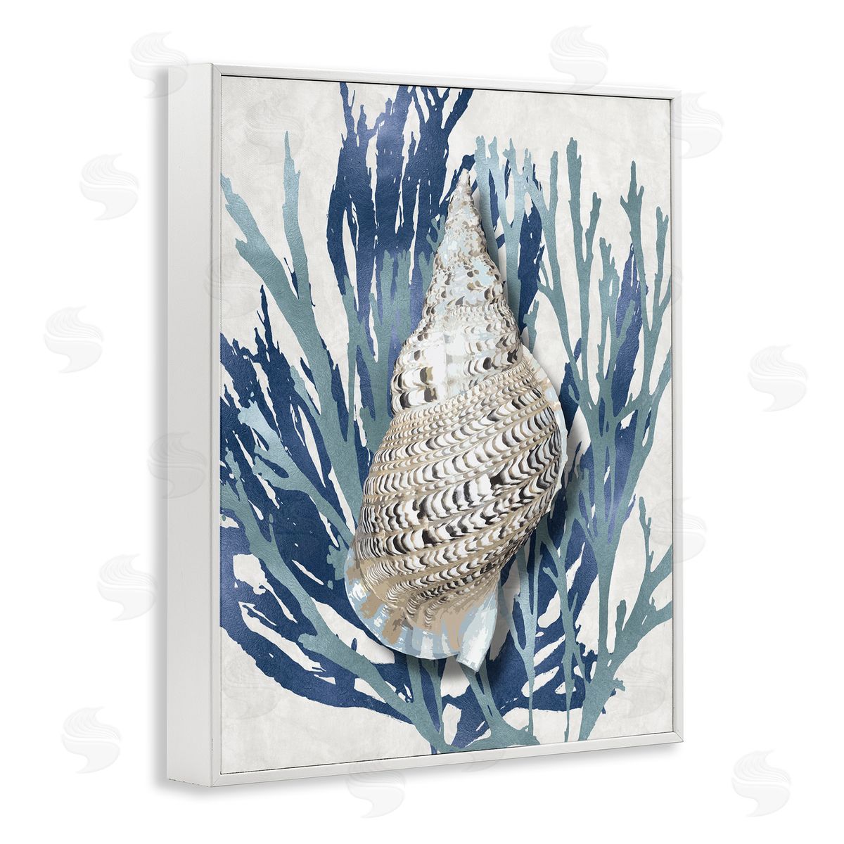 Shell Coral Blue Beach Design White Frame Print Wall Art, Home Decor by Caroline Kelly