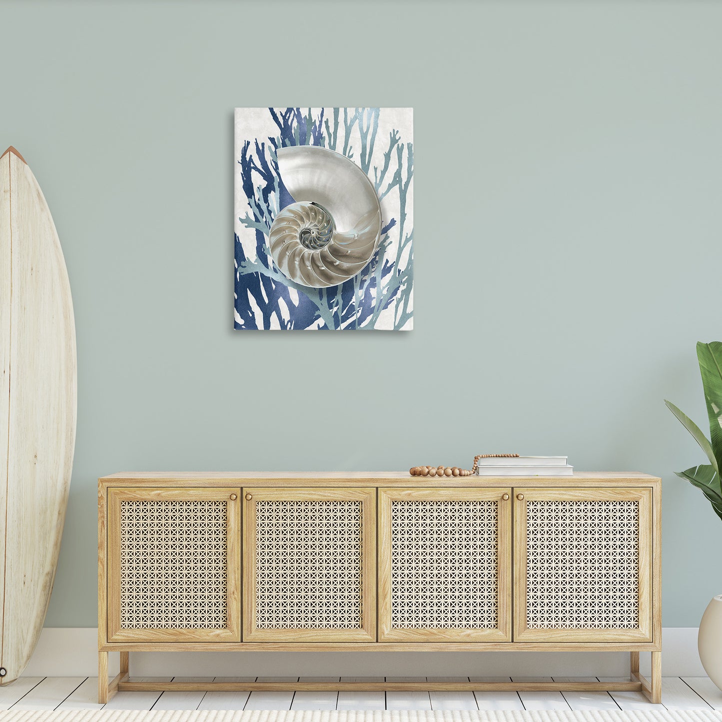 Shell Coral Beach Blue Design Canvas Wall Art in Room, Home Decor by Caroline Kelly
