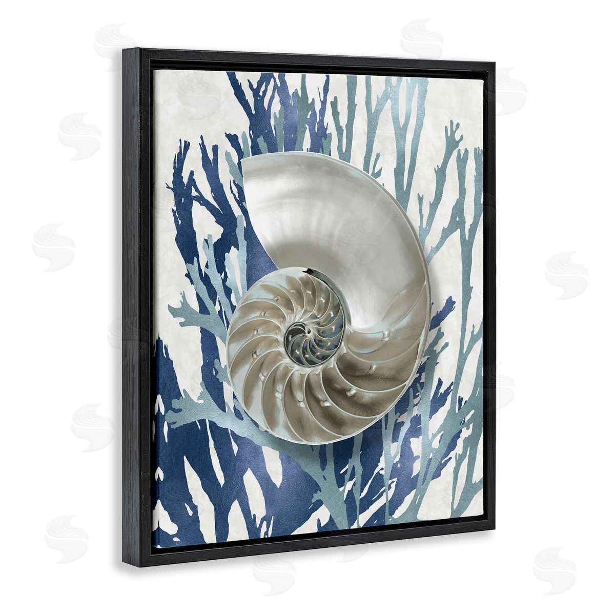 Shell Coral Beach Blue Design Black Floating Frame Canvas Wall Art, Home Decor by Caroline Kelly
