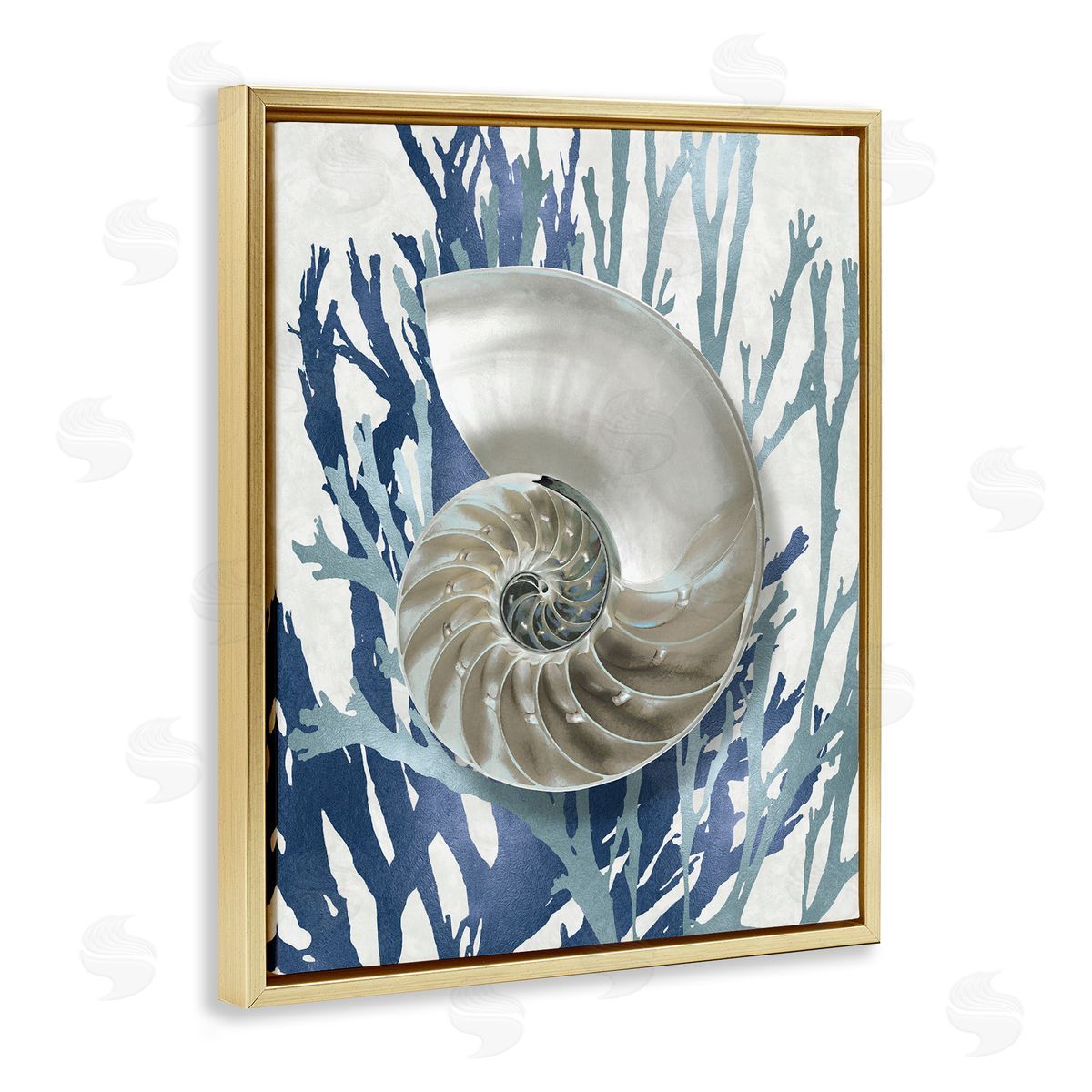 Shell Coral Beach Blue Design Gold Floating Frame Canvas Wall Art, Home Decor by Caroline Kelly