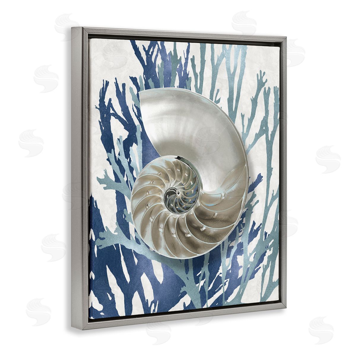 Shell Coral Beach Blue Design Grey Floating Frame Canvas Wall Art, Home Decor by Caroline Kelly