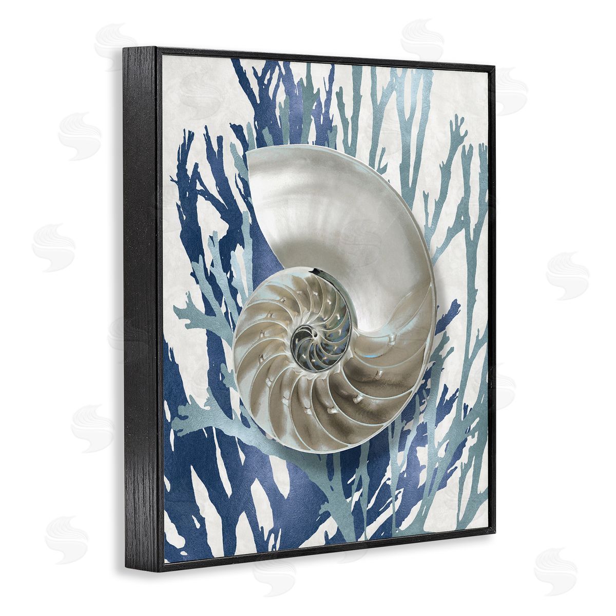 Shell Coral Beach Blue Design Black Frame Print Wall Art, Home Decor by Caroline Kelly