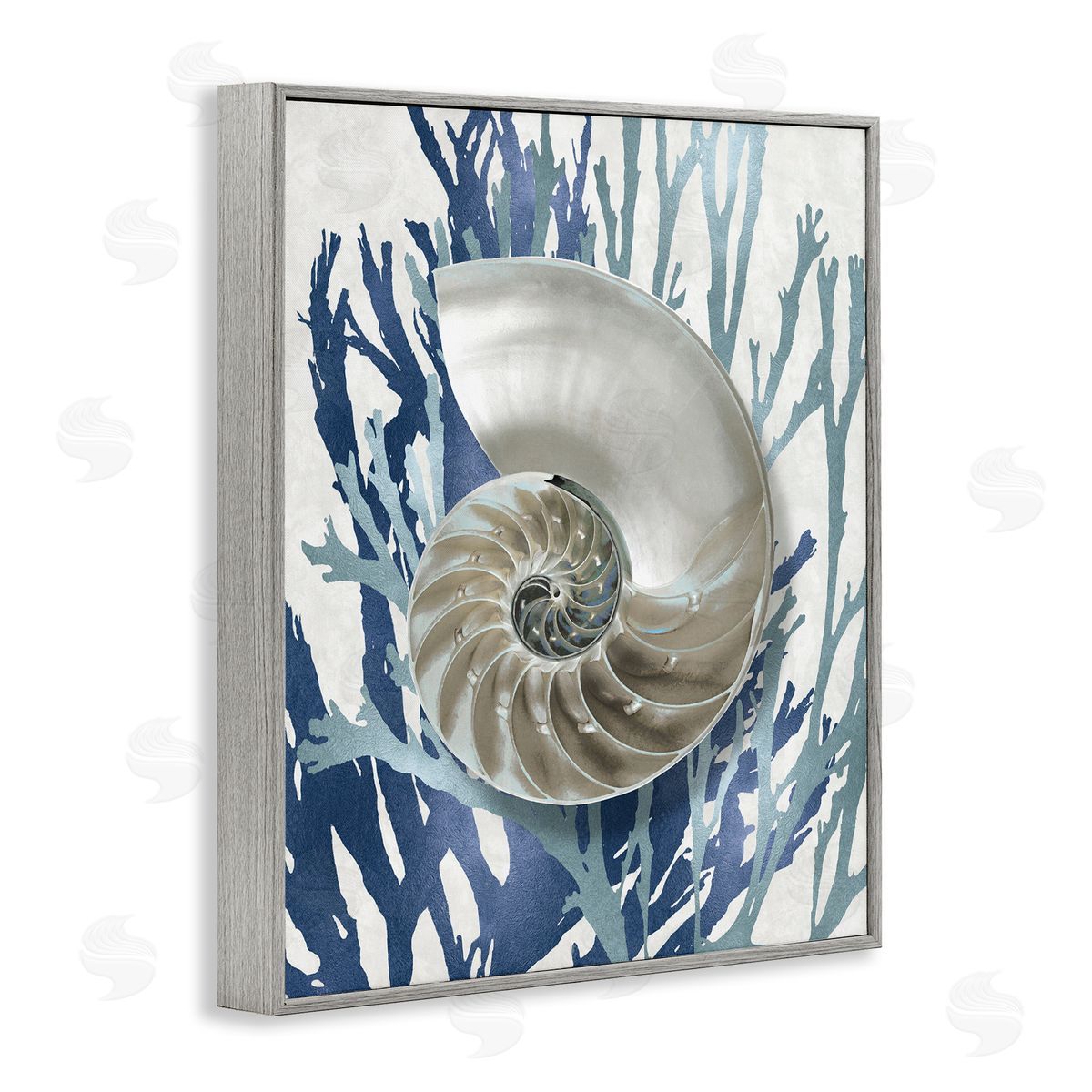 Shell Coral Beach Blue Design Grey Frame Print Wall Art, Home Decor by Caroline Kelly