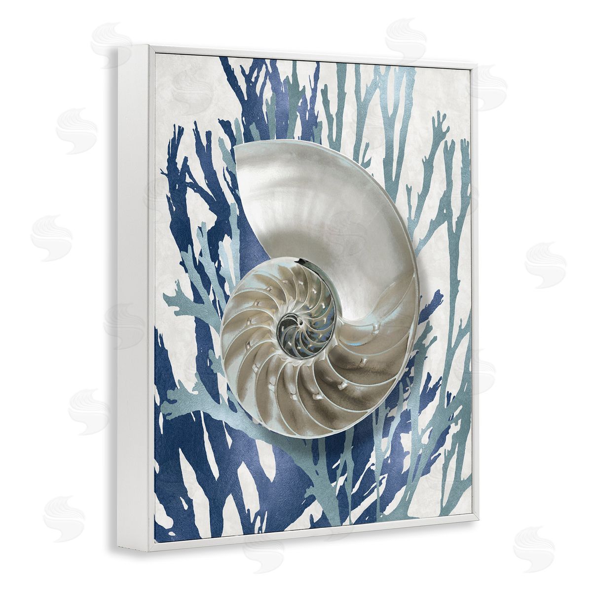 Shell Coral Beach Blue Design White Frame Print Wall Art, Home Decor by Caroline Kelly
