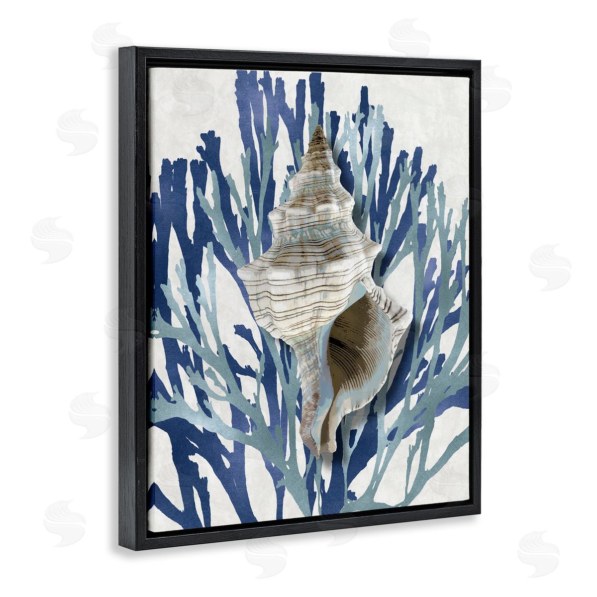 Tower Shell Coral Blue Beach Black Floating Frame Canvas Wall Art, Home Decor by Caroline Kelly