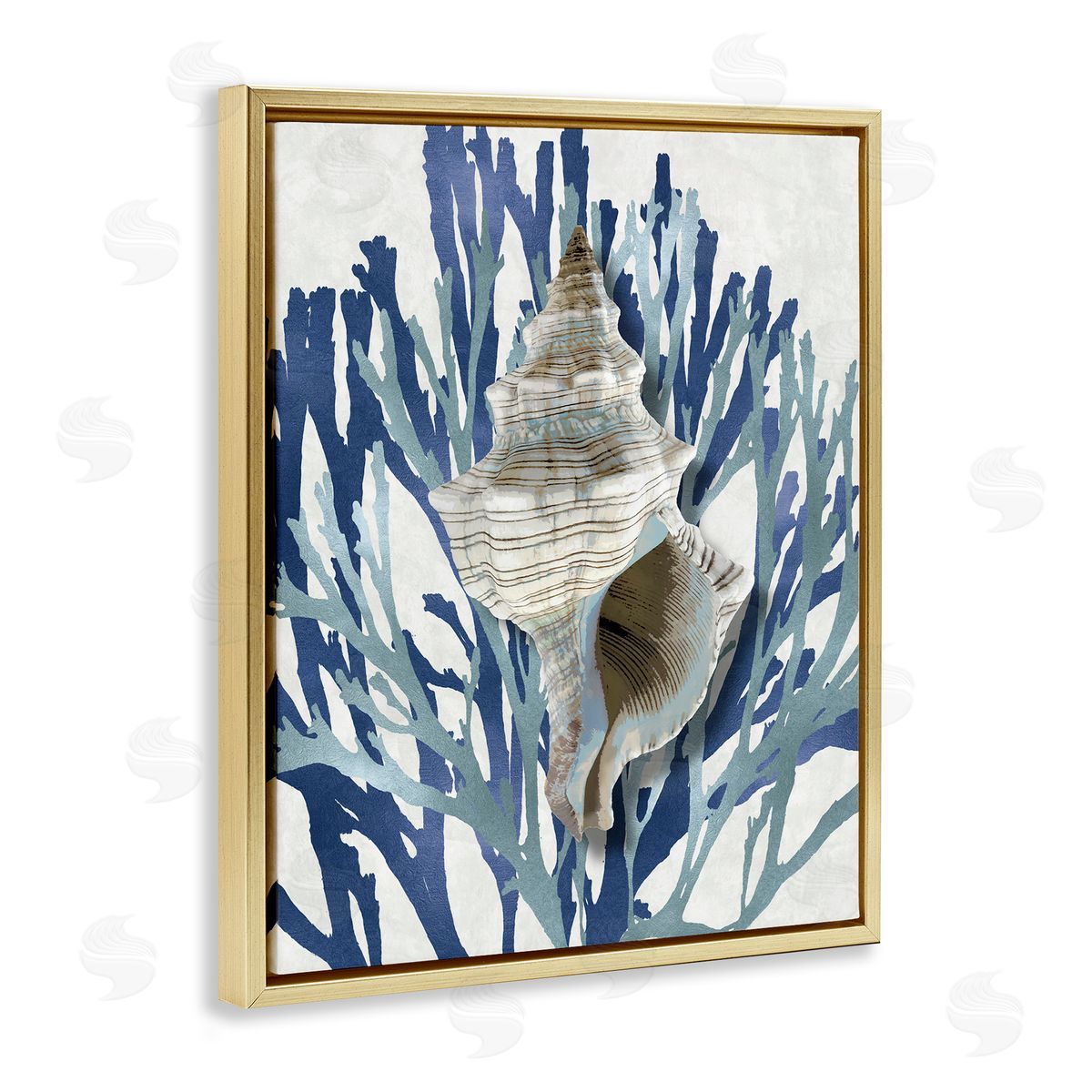 Tower Shell Coral Blue Beach Gold Floating Frame Canvas Wall Art, Home Decor by Caroline Kelly