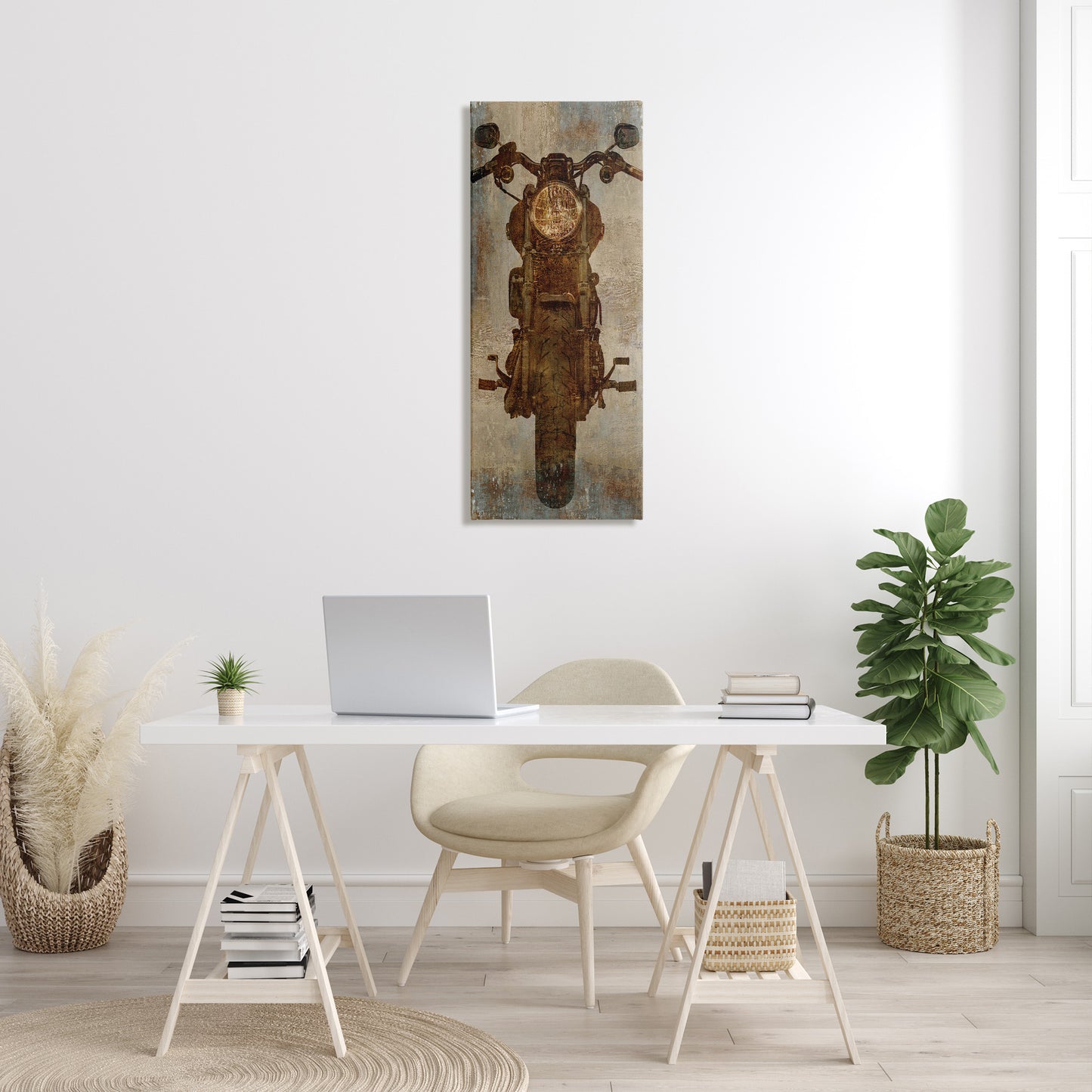Motorcycle Silhouette Rustic Pattern Canvas Wall Art in Room, Home Decor by Dylan Mattews
