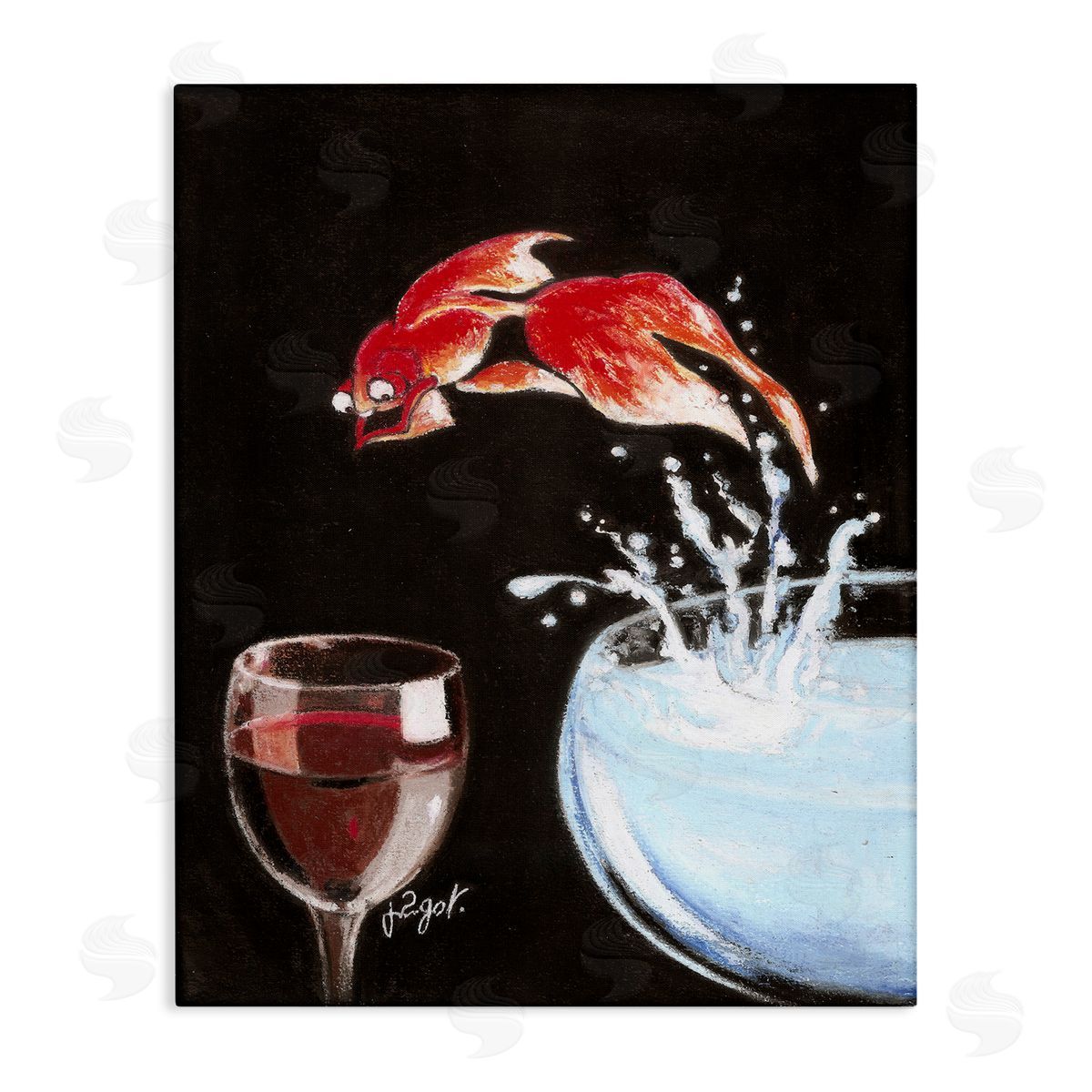Fish Leaping Into Wine Glass Canvas Wall Art, Home Decor by Jean-Pierre Got
