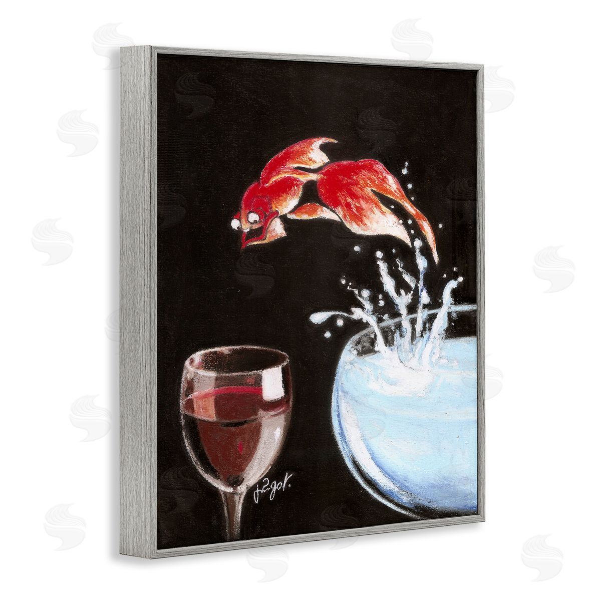 Fish Leaping Into Wine Glass Grey Frame Print Wall Art, Home Decor by Jean-Pierre Got