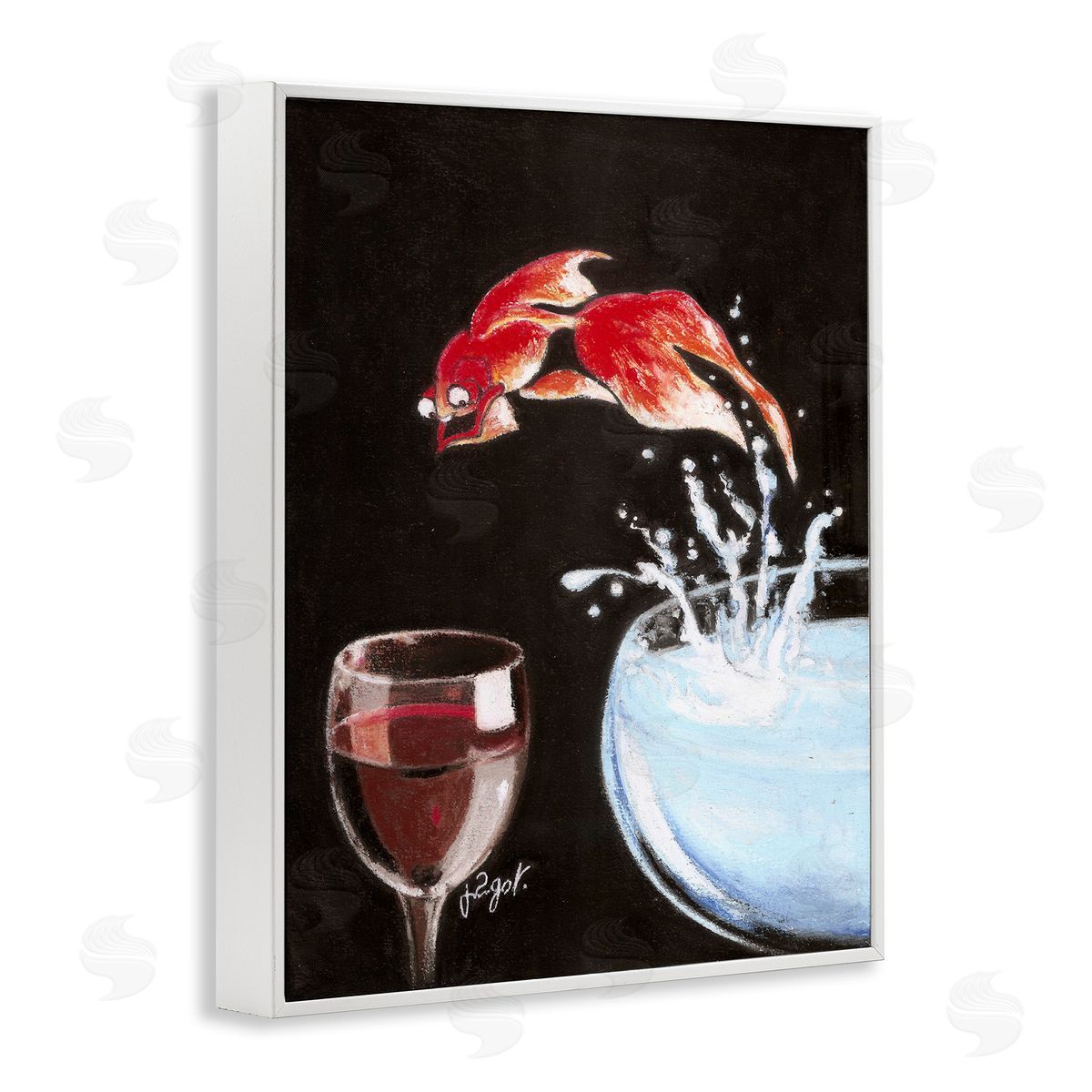Fish Leaping Into Wine Glass White Frame Print Wall Art, Home Decor by Jean-Pierre Got