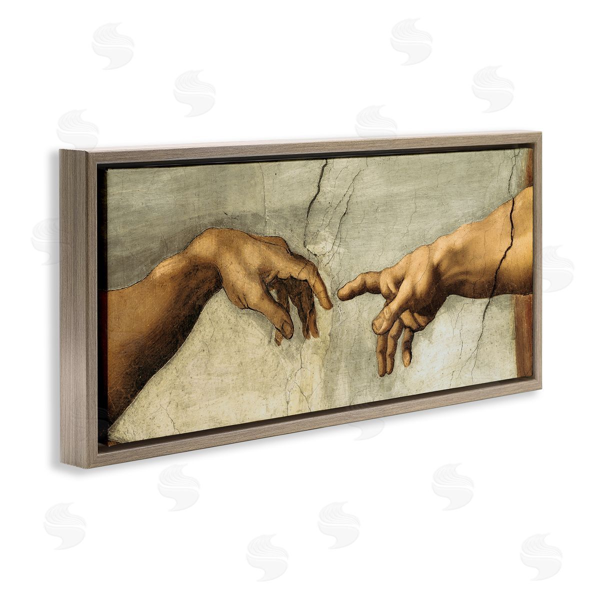 Hands of The Creation Religious Painting Brown Floating Frame Canvas Wall Art, Home Decor by Michelangelo