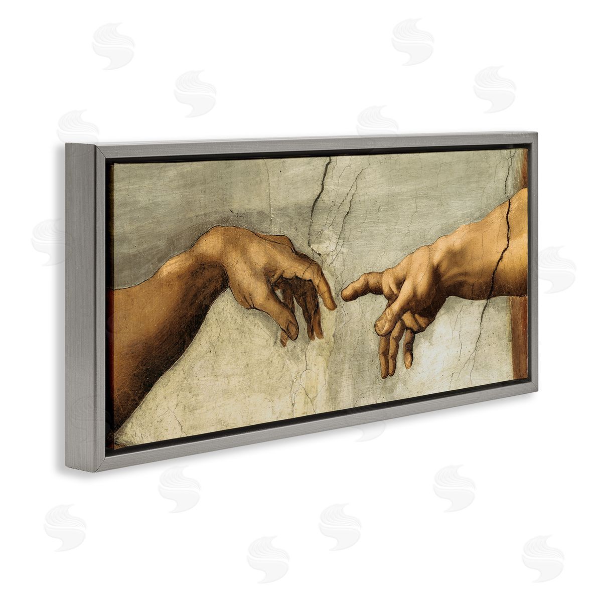 Hands of The Creation Religious Painting Grey Floating Frame Canvas Wall Art, Home Decor by Michelangelo