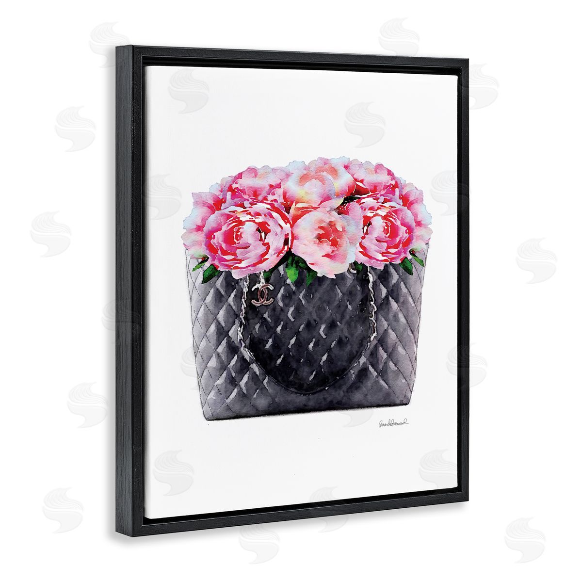 Pink Flower Purse Glam Black Floating Frame Canvas Wall Art, Home Decor by Amanda Greenwood