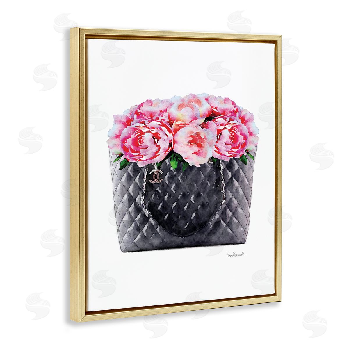 Pink Flower Purse Glam Gold Floating Frame Canvas Wall Art, Home Decor by Amanda Greenwood