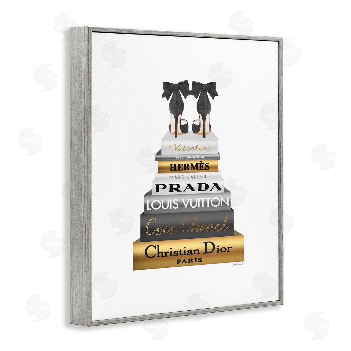 Black Heels Gold Bookstack Grey Frame Print Wall Art, Home Decor by Amanda Greenwood