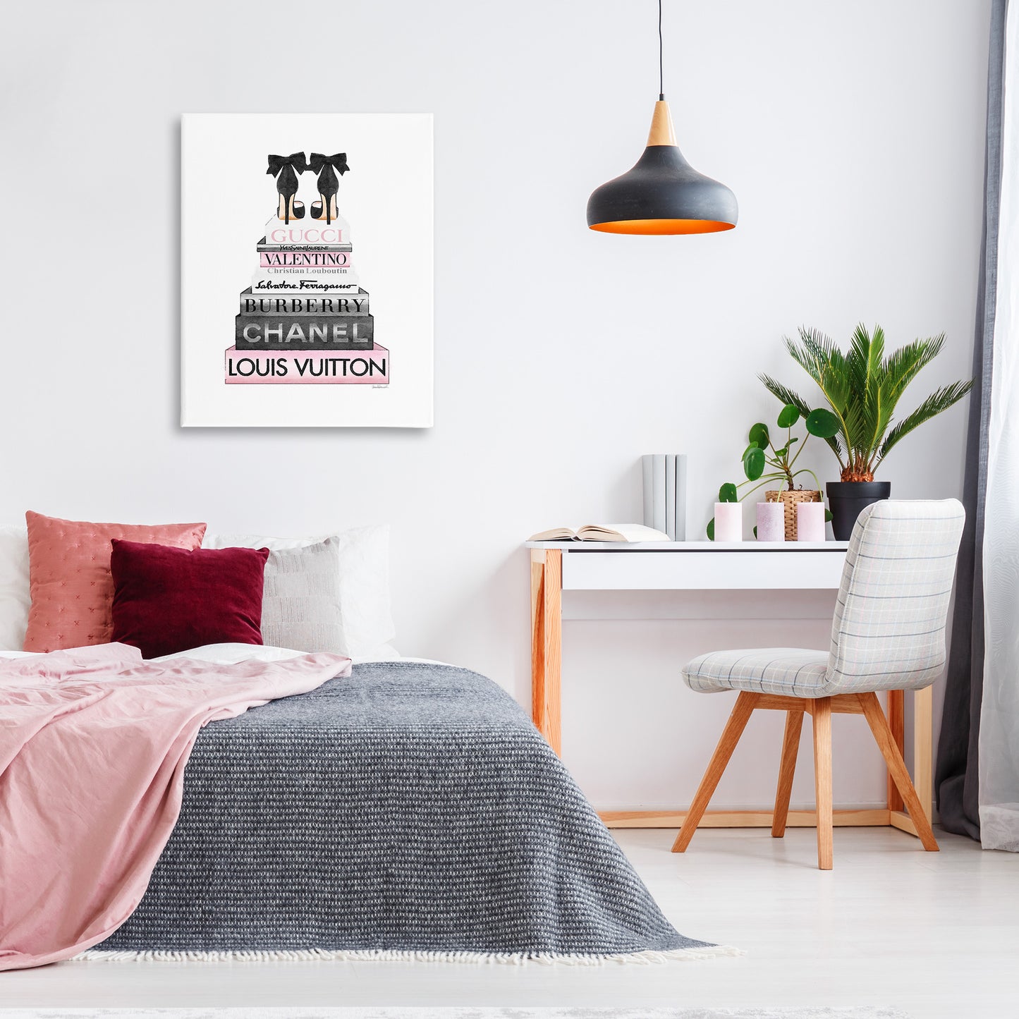 Black Heels Pink Bookstack Canvas Wall Art in Room, Home Decor by Amanda Greenwood