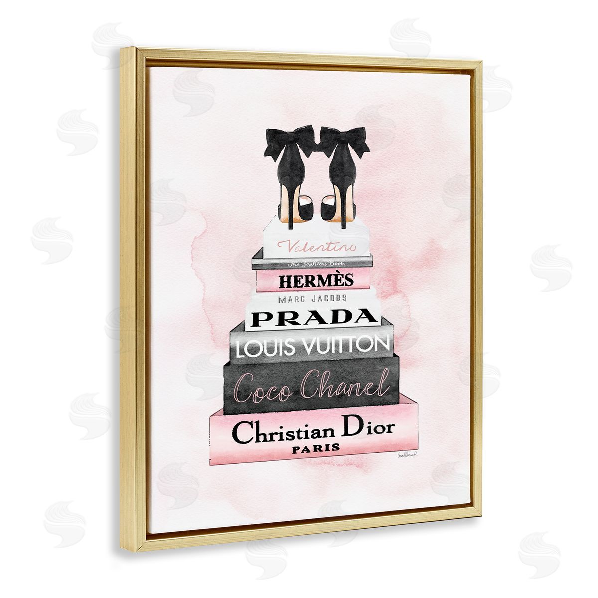 Black Heels on Bookstack Gold Floating Frame Canvas Wall Art, Home Decor by Amanda Greenwood