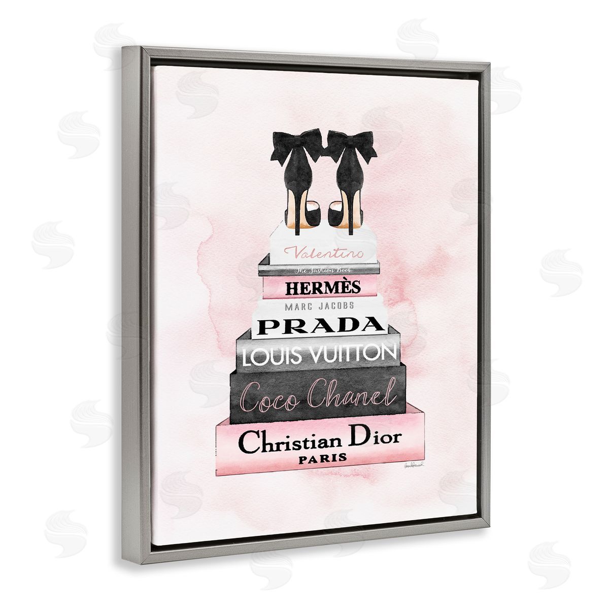 Black Heels on Bookstack Grey Floating Frame Canvas Wall Art, Home Decor by Amanda Greenwood