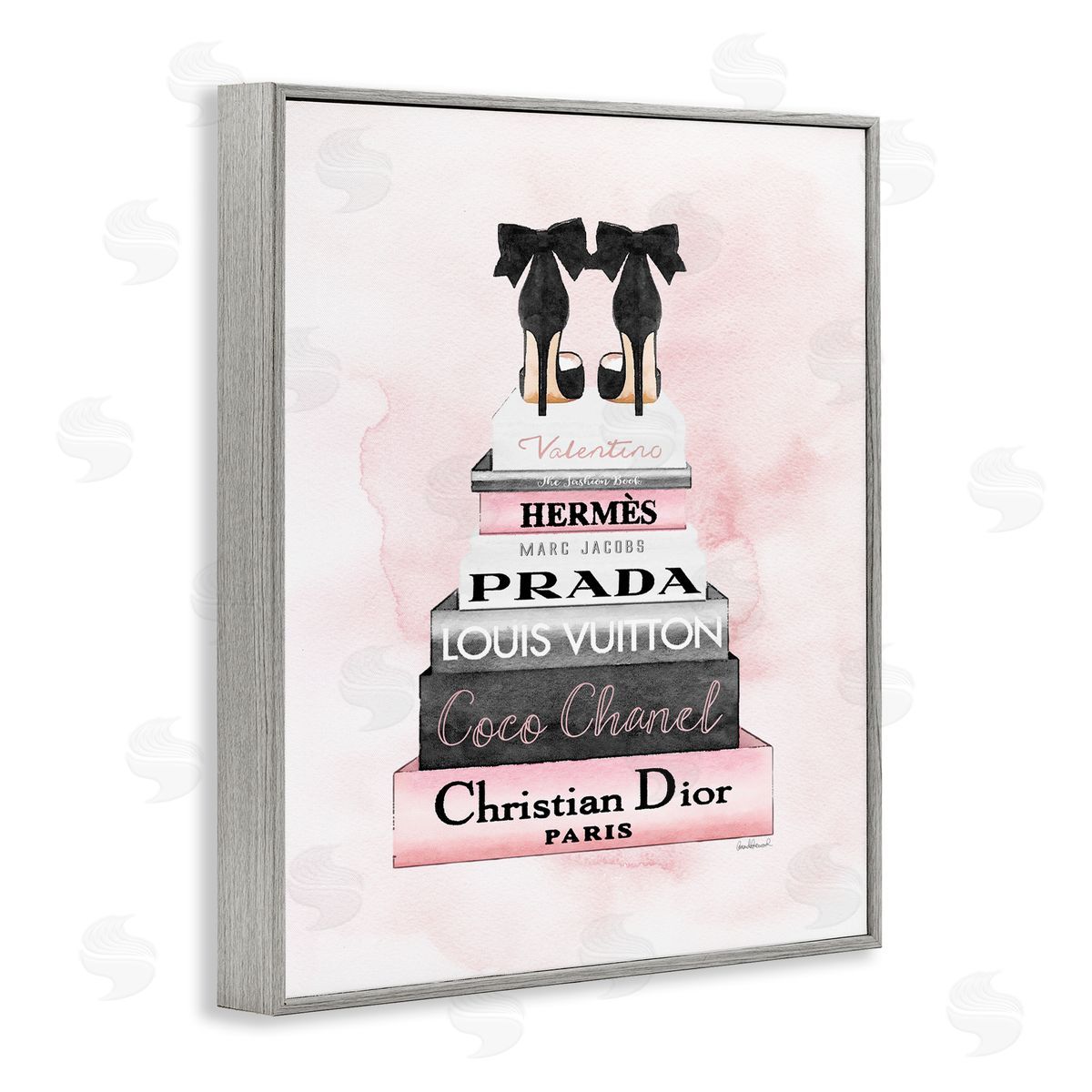 Black Heels on Bookstack Grey Frame Print Wall Art, Home Decor by Amanda Greenwood