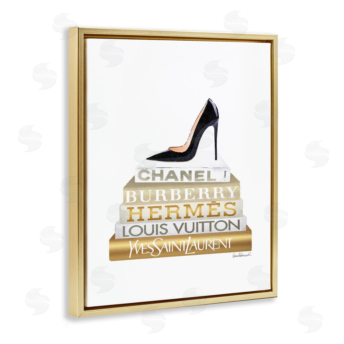 Black Heels Gold White Bookstack Gold Floating Frame Canvas Wall Art, Home Decor by Amanda Greenwood