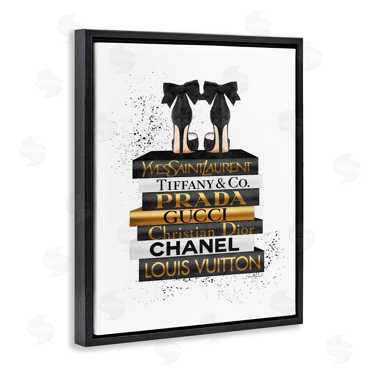 Black Gold White Glam Bookstack Black Floating Frame Canvas Wall Art, Home Decor by Amanda Greenwood