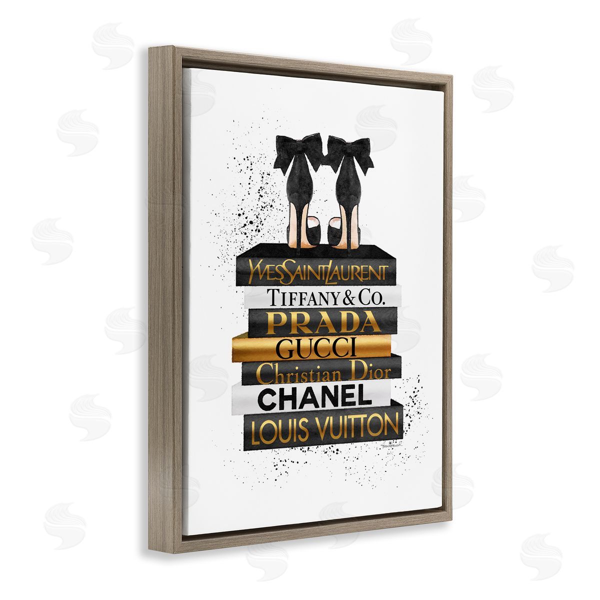 Black Gold White Glam Bookstack Brown Floating Frame Canvas Wall Art, Home Decor by Amanda Greenwood