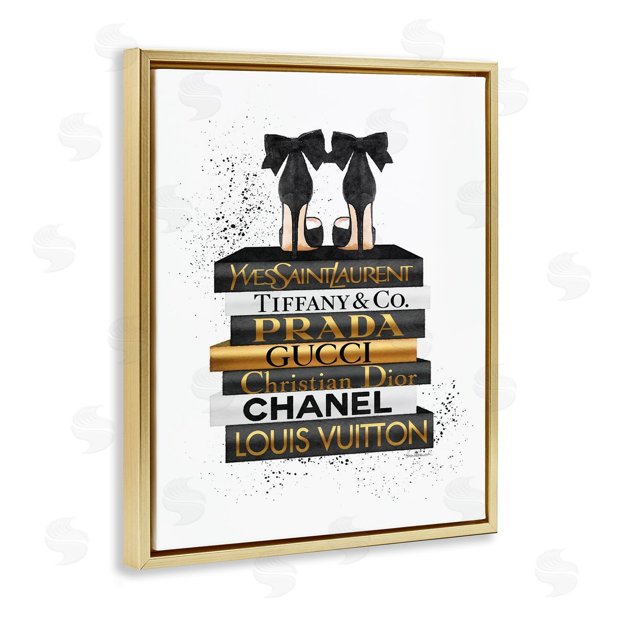 Black Gold White Glam Bookstack Gold Floating Frame Canvas Wall Art, Home Decor by Amanda Greenwood