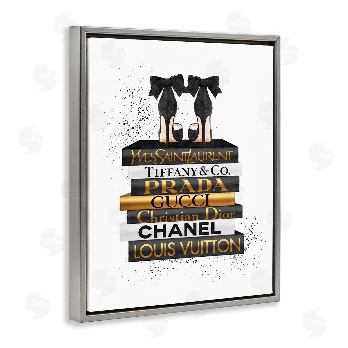 Black Gold White Glam Bookstack Grey Floating Frame Canvas Wall Art, Home Decor by Amanda Greenwood