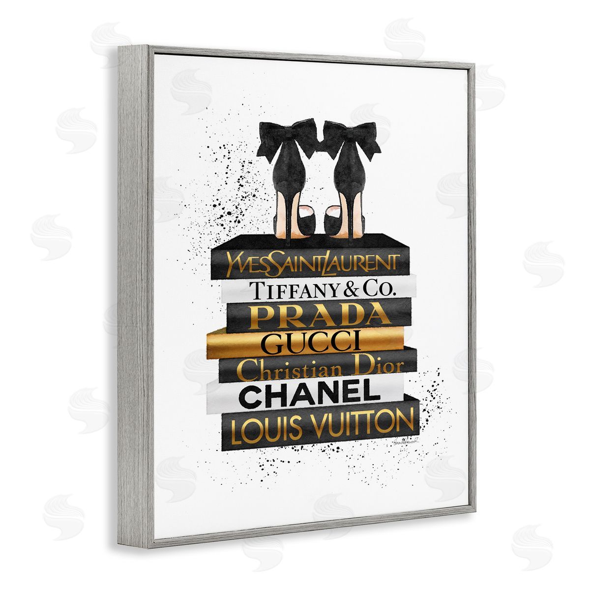 Black Gold White Glam Bookstack Grey Frame Print Wall Art, Home Decor by Amanda Greenwood